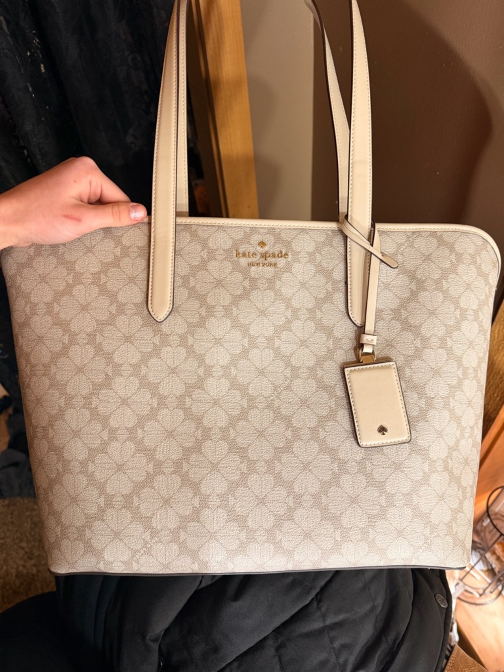 kate spade Neutral Beige Patterned Tote with Gold Logo